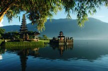 Hindu temple on Bratan lake landscape, Bali Hindu temple on Bratan lake landscape, Bali